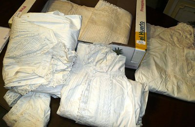 Lot 625 - Three Victorian embroidered night gowns assorted white linen and textiles (one box)