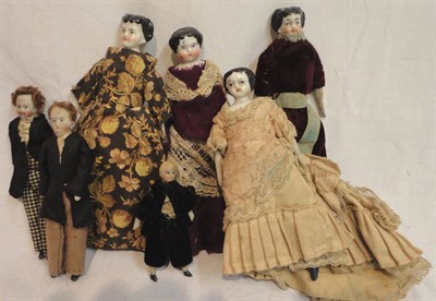 Lot 1017 - Four China Shoulder Dolls with black painted and moulded hair and painted faces, on cloth...