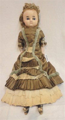 Lot 1029 - Late 19th Century Wax over Composition Pumpkin Shoulder Doll, with fixed blue eyes, original...