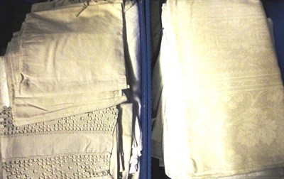 Lot 1057 - Assorted White Linen and Damask Table Cloths, crochet edge and inserted cloths and pillowcases (two