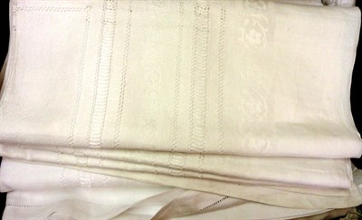 Lot 1062 - Two Large White Refectory Table Cloths with drawn thread work, 396 cm by 203 cm; two...