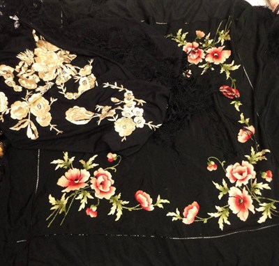 Lot 1064 - Black Silk and Floral Embroidered Canton Shawl with tassel fringing and another similar with...