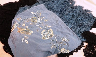 Lot 1068 - Blue Square Silk Shawl embroidered with flowers and three square Black Lace Shawls (4)