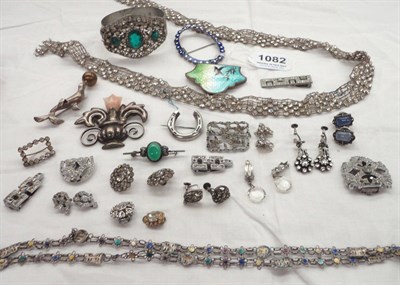 Lot 1082 - Assorted Costume Jewellery including paste set clips, necklace (af), enamel decorated buckles...