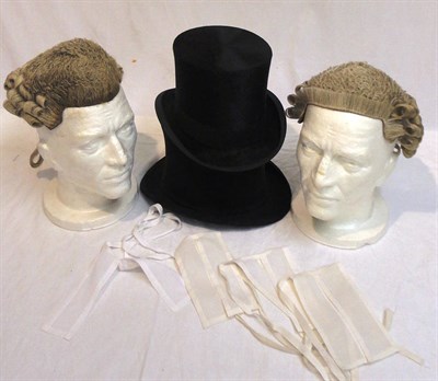 Lot 1086 - Thos Townend & Co Black Silk Top Hat; Cooksey & Co opera hat; and two barristers wigs; and a...