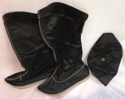 Lot 1106 - Pair of Gents Black Satin Mandarin Boots with a black velvet mount and blue silk lining,...