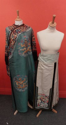 Lot 1112 - Chinese Cream Silk Panelled Skirt, embroidered with floral motifs, applique trims and peach figured