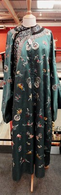 Lot 1113 - Chinese Green Silk Long Robe, embroidered with decorative motifs, with appliqued butterfly...