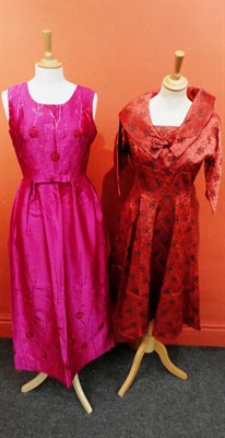 Lot 1116 - Circa 1960's Red Brocade Cocktail Dress with shawl collar and bow; Fuschia Pink Satin Dress...