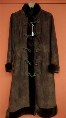 Lot 1138 - Brown Suede Stylish Coat, with trimmed nehru collar and cuffs and brown applique frogging style...