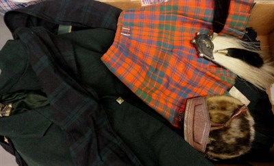 Lot 1145 - Scottish Green Wool Jacket, matching waistcoat, two black berets, sporron with plated mounts,...