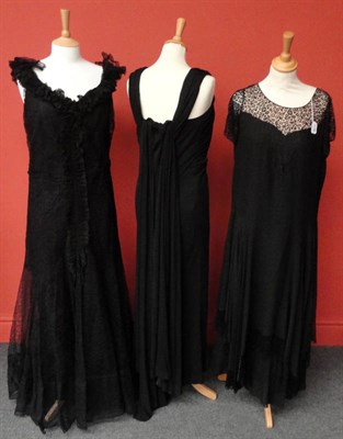 Lot 1156 - Three Circa 1930's Dresses including a black lace mounted full length evening gown, with a vertical