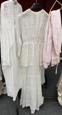 Lot 1167 - Edwardian and Later Costume including a white cotton full length day dress with cut work detailing