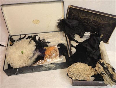 Lot 1170 - Four Victorian Bonnets in black velvet and lace; two boxes of assorted milinery feathers, swan down