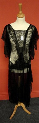 Lot 1177 - A Circa 1920's Black Lace Drop Waisted Dress with black beaded decoration; and a Parasol with Cream