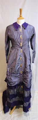 Lot 1183 - Victorian Purple Striped Silk Dress, with long sleeves, button opening to the front, a low...