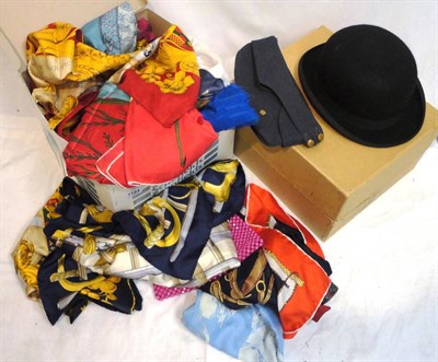 Lot 1194 - Austin Reed Black Bowler Hat (in card case); WWII Cap; Assorted Silk and Wool Scarves,...