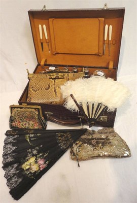 Lot 1196 - Brown Crocodile Hinged Vanity Case, initialled RGN, enclosing glass bottles and fittings with...