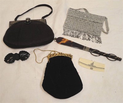 Lot 1212 - Assorted Costume Accessories, including a silver and brass bead decorated evening purse with a...