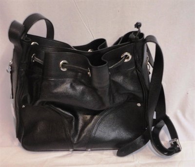 Lot 1219 - Mulberry Black Leather Shoulder Bag, with zips to each side, draw string top and adjustable straps