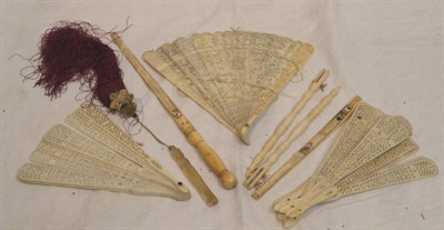 Lot 1226 - Carved Ivory Brisee Fan with 21 carved sticks and guards, initialled to the centre, 19cm; later...