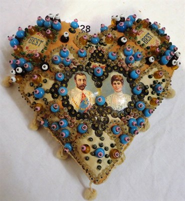 Lot 1228 - Edward VII and Queen Alexandra Heart Shaped Souvenir Pin Cushion, with coloured paper portraits...