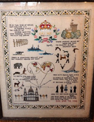 Lot 1230 - Framed Commemorative Embroidery Worked by Doris Lindsay Cuff, to celebrate the Silver Jubilee...