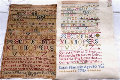 Lot 1233 - An Unframed Band Sampler by Sarah Manship Aged 10 Years 1789, worked in cross stitch using coloured