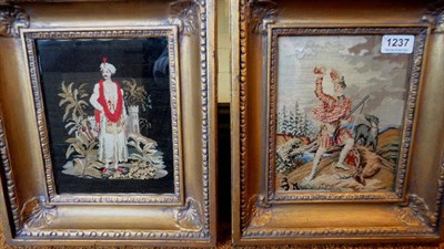 Lot 1237 - Pair of Gilt Framed Petit Point Pictures, depicting a Scot in highland dress on a moor with a...