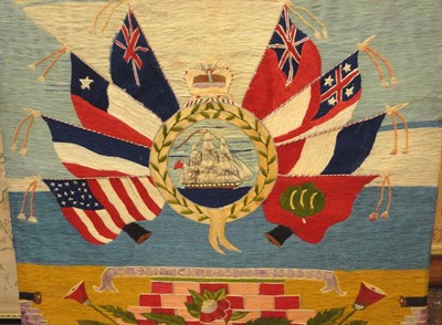 Lot 1240 - Unframed 19th Century Wool Embroidery of a Three Mast Sailing Ship, worked by H Smith and...