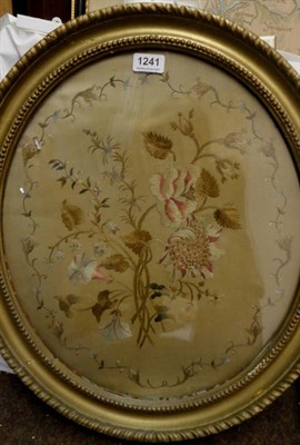 Lot 1241 - 19th Century Gilt Framed Oval Silk Embroidery of floral design on a cream silk ground within a...