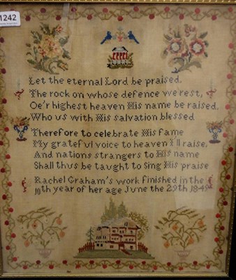 Lot 1242 - Framed Sampler Worked By Rachel Graham Aged 10, dated 1849, with central verse and decorative...