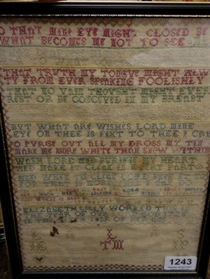 Lot 1243 - Framed Band Sampler Worked by Elizabeth Lilly Aged 10 Dated 1725, worked in cross stitch using silk