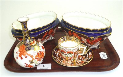 Lot 6 - Two Royal Crown Derby Imari vases, an Imari vase and a Crown Derby coffee can and saucer