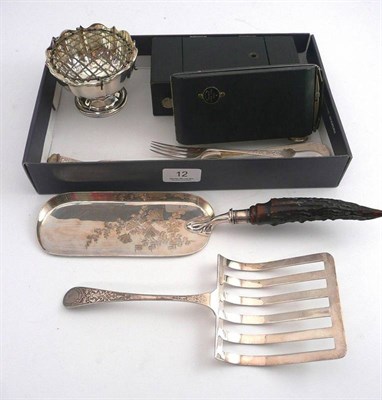 Lot 12 - A silver three piece christening set, a pair of Georgian silver sugar tongs, silver plates, two...