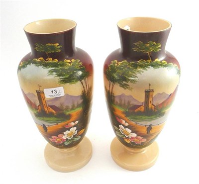 Lot 13 - Pair of tall opaque glass vases with painted decoration