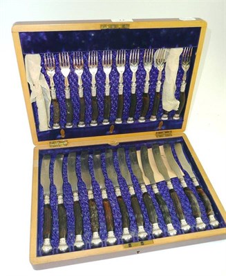 Lot 17 - Cased set of horn handled knives and forks with etched blades of game birds