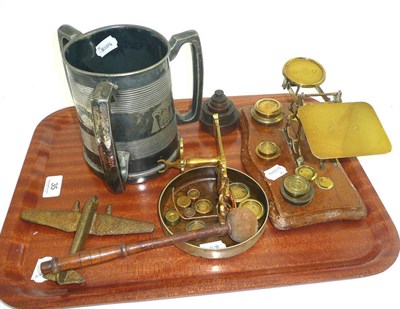 Lot 35 - A set of brass postal scales and various flat weights, a silver plated tyg, a wall mounted gong and