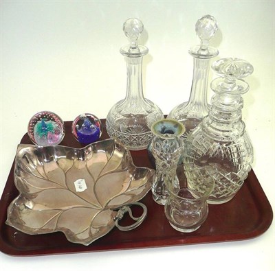 Lot 50 - Three decanters, two Caithness paperweights, WMF dish, vases etc