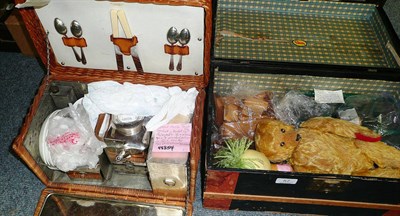 Lot 57 - A small wicker picnic hamper with contents; a Herman ";Yes-No"; teddy bear (a.f.); a quantity...