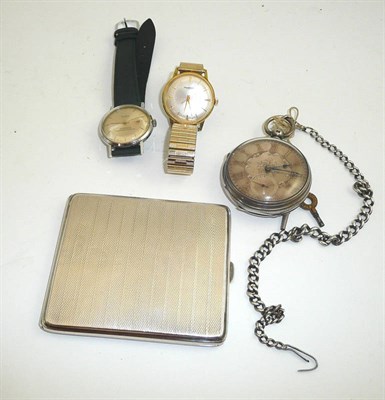Lot 59 - A silver pocket watch, a silver cigarette case and two gentleman's wristwatches