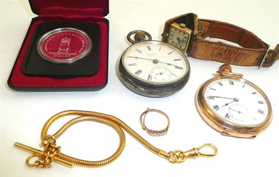 Lot 61 - A 1930's gentleman's wristwatch, silver pocket watch, plated pocket watch and a lady's diamond...