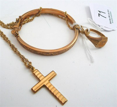 Lot 71 - A 9ct gold small bangle, signet ring and a cross on chain