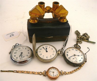 Lot 97 - Three pocket watches and two chains, a lady's wristwatch and a pair of opera glasses, cased