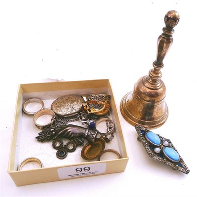 Lot 99 - Silver presentation table bell, costume jewellery etc