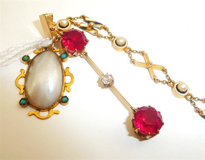 Lot 107 - Diamond set bar pendant, enamelled and seed pearl set bracelet (a.f.), and a mother of pearl...