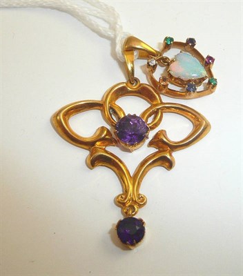 Lot 108 - 9ct gold Art Nouveau amethyst set pendant by Deakins and Francis, and opal set heart shaped...