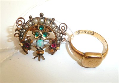Lot 112 - An opal and pearl set brooch and a signet ring, stamped '18'