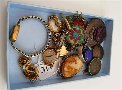 Lot 116 - A pair of earrings, a 9ct gold ring, assorted watches, pendants, brooches etc