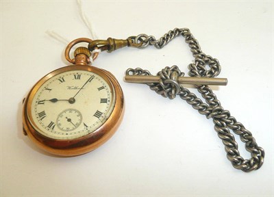 Lot 117 - Small 9ct gold open faced pocket watch signed Waltham, circa 1912, with base metal chain